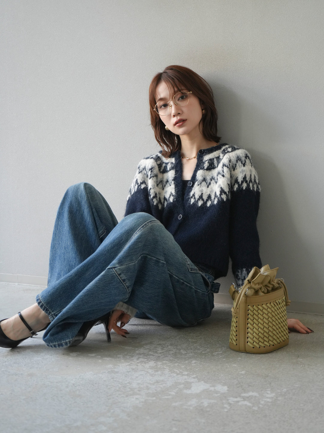 [SET]求心柄クロップドニットカーディガン+ペインターカーブデニムパンツ(2set)