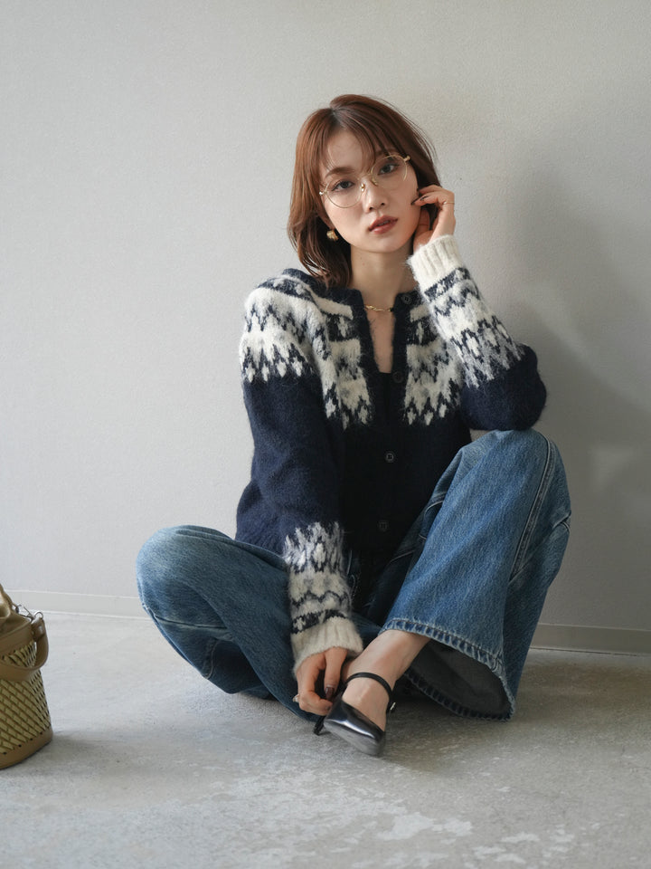 [予約]求心柄クロップドニットカーディガン/navy