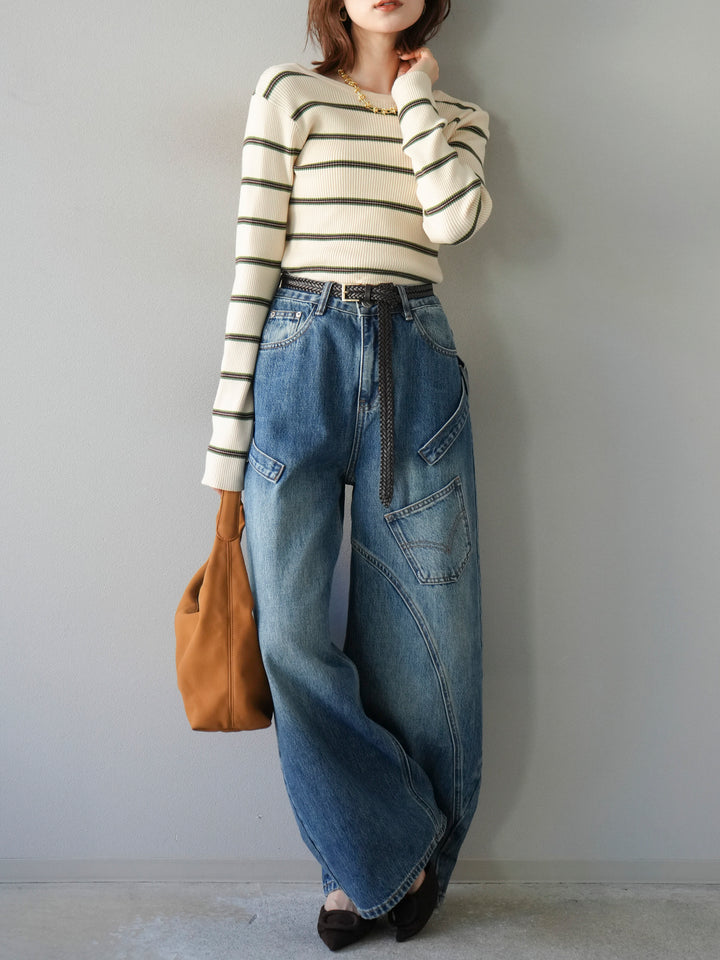 【SET】後開條紋毛圈羅紋上衣+畫家曲線牛仔褲（2件組）