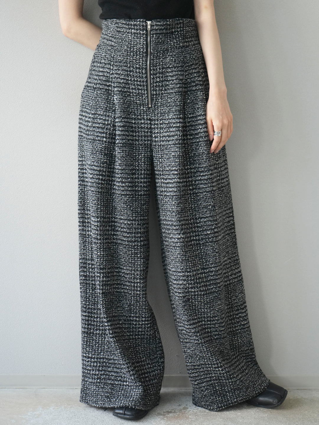 [予約]フロントジップミックスツイードワイドパンツ/ black