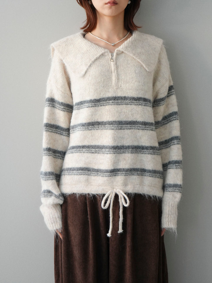 [予約]ハーフジップボーダーニットプルオーバー/ivory