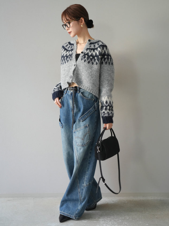 [SET]求心柄クロップドニットカーディガン+ペインターカーブデニムパンツ(2set)