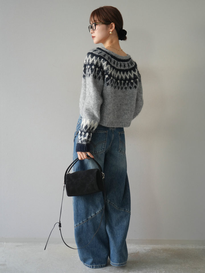 [SET]求心柄クロップドニットカーディガン+ペインターカーブデニムパンツ(2set)