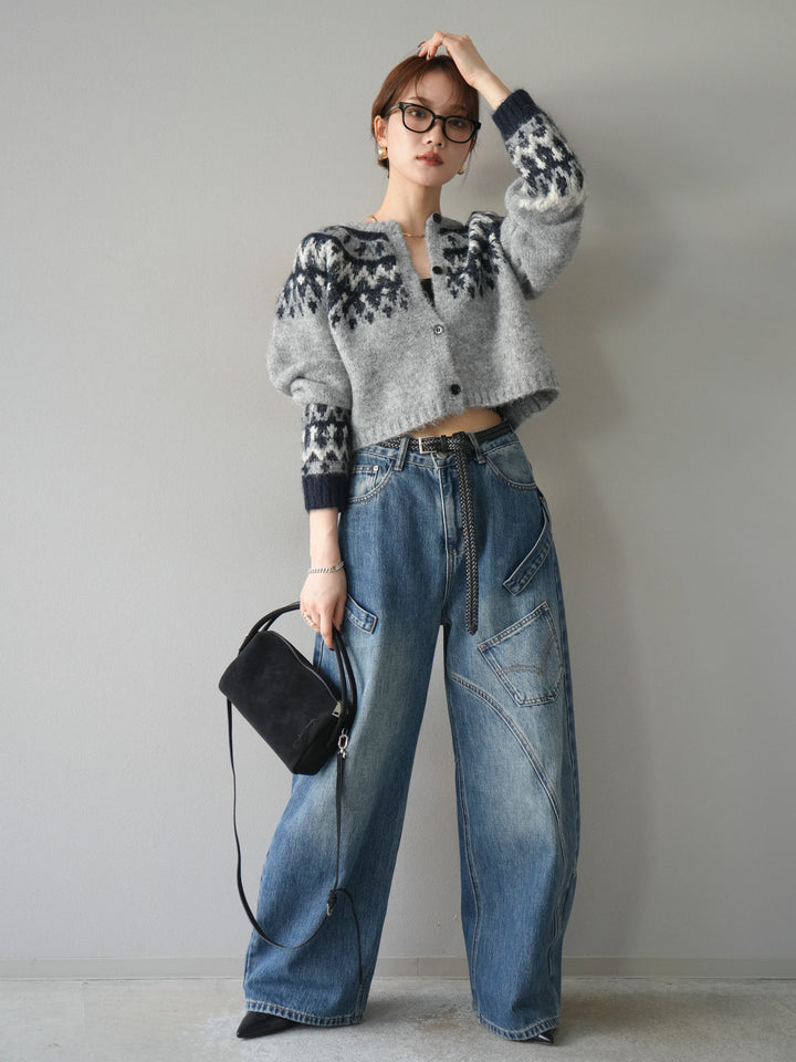 [SET]求心柄クロップドニットカーディガン+ペインターカーブデニムパンツ(2set)