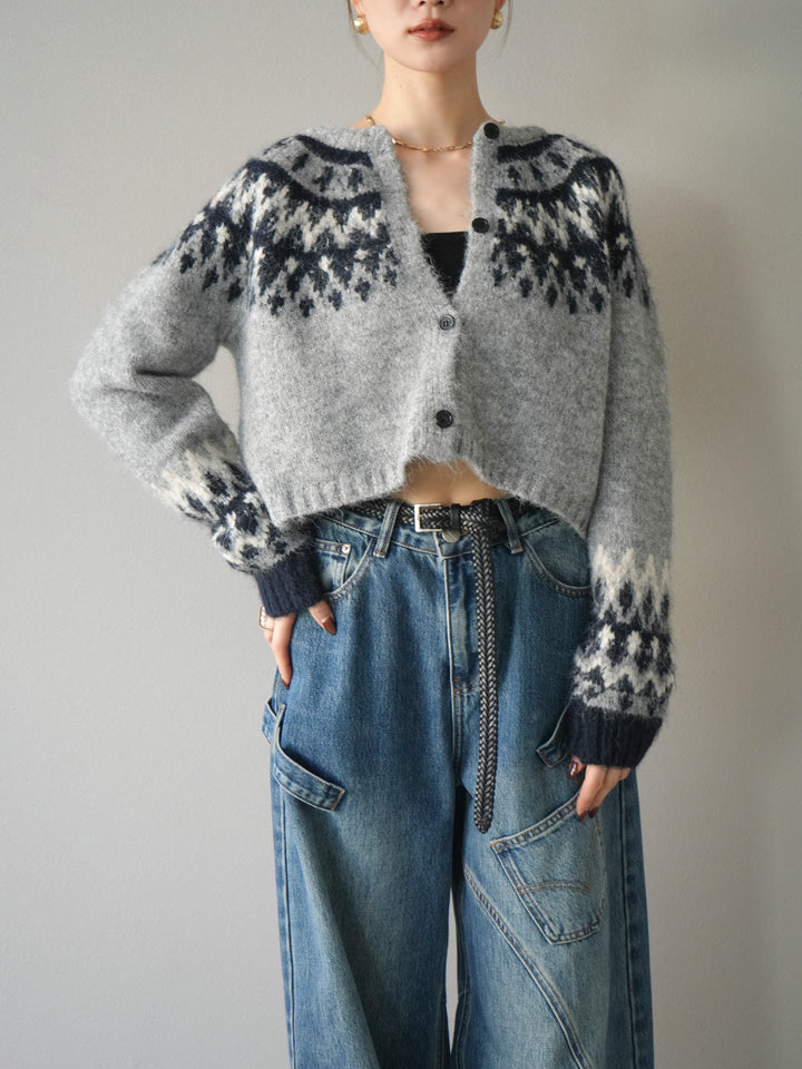 [予約]求心柄クロップドニットカーディガン/gray