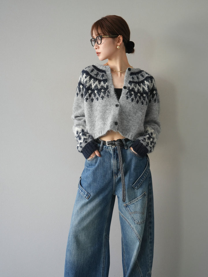 [SET]求心柄クロップドニットカーディガン+ペインターカーブデニムパンツ(2set)