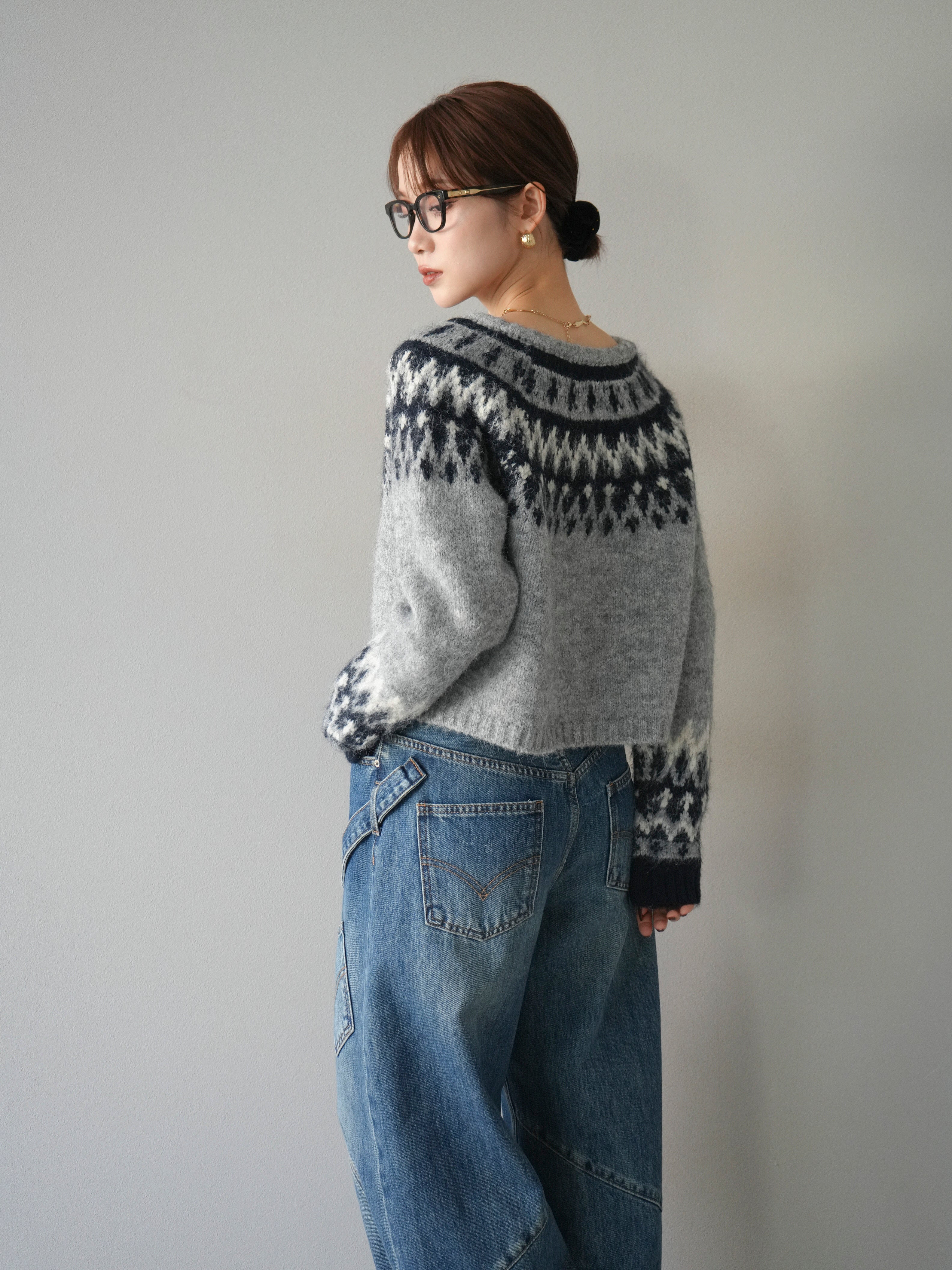 SET]求心柄クロップドニットカーディガン+ペインターカーブデニム