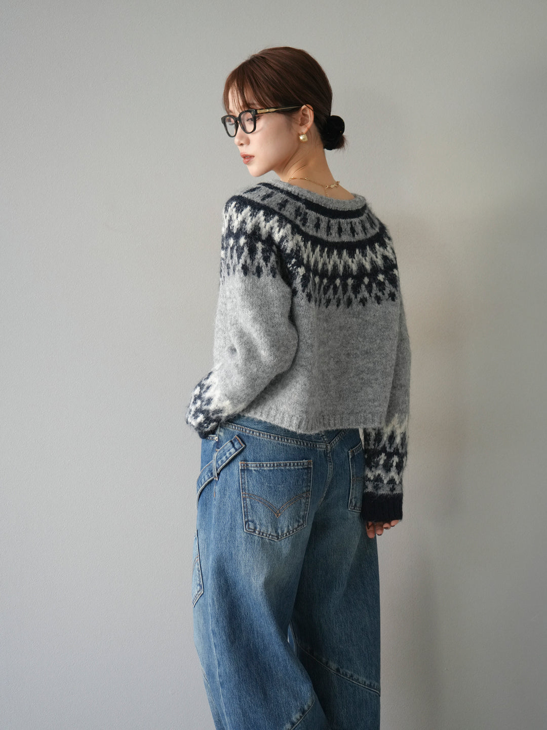 [予約]求心柄クロップドニットカーディガン/gray