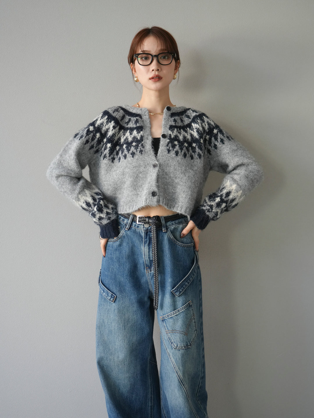 [SET]求心柄クロップドニットカーディガン+求心柄クロップドニットカーディガン(2set)