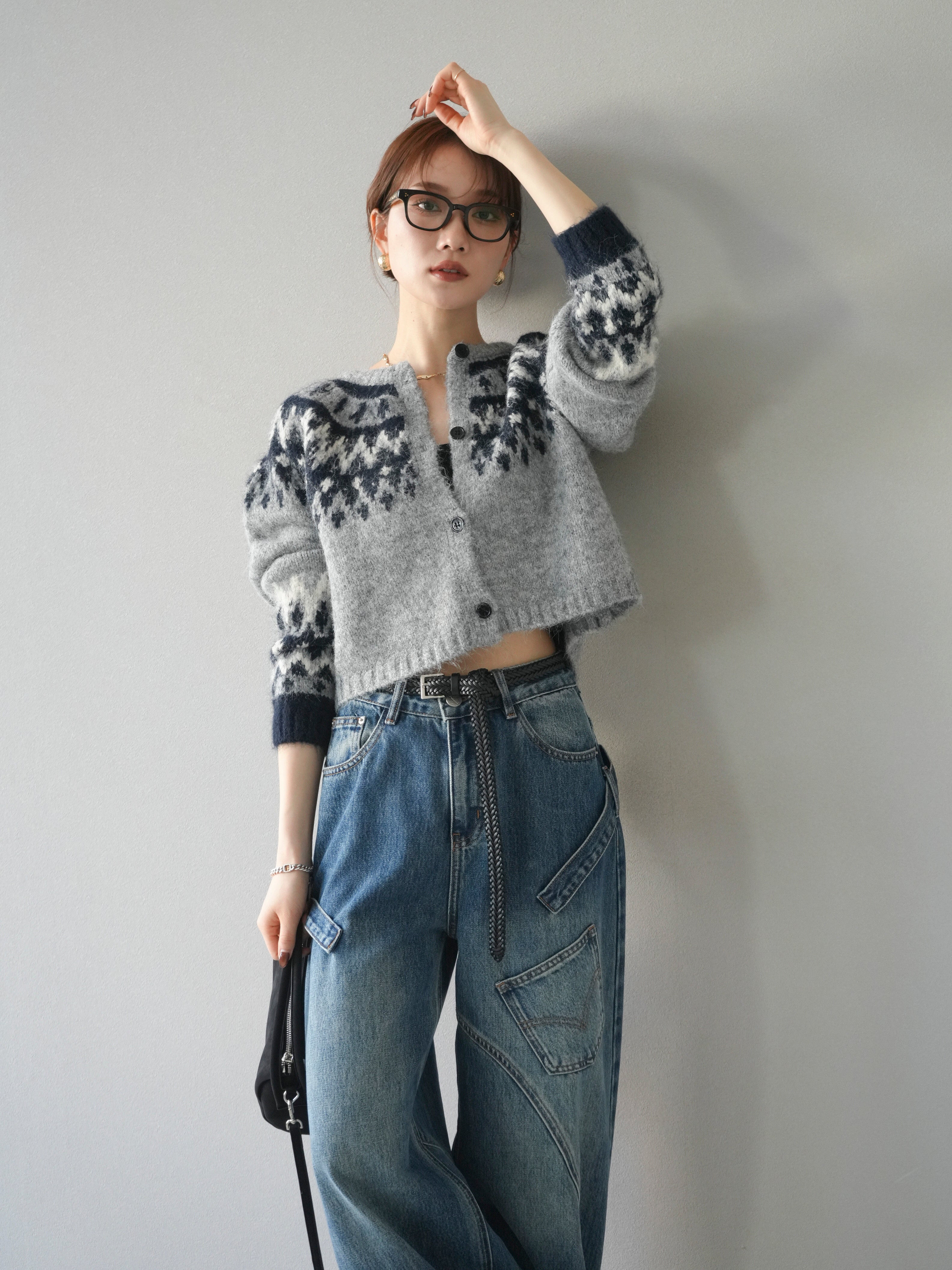 SET]求心柄クロップドニットカーディガン+ペインターカーブデニム