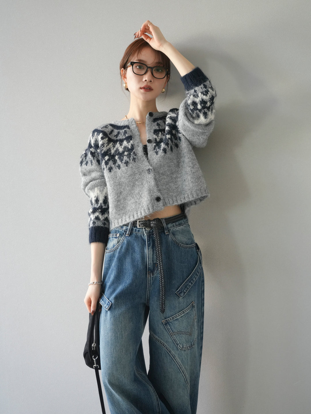 [SET]求心柄クロップドニットカーディガン+ペインターカーブデニムパンツ(2set)