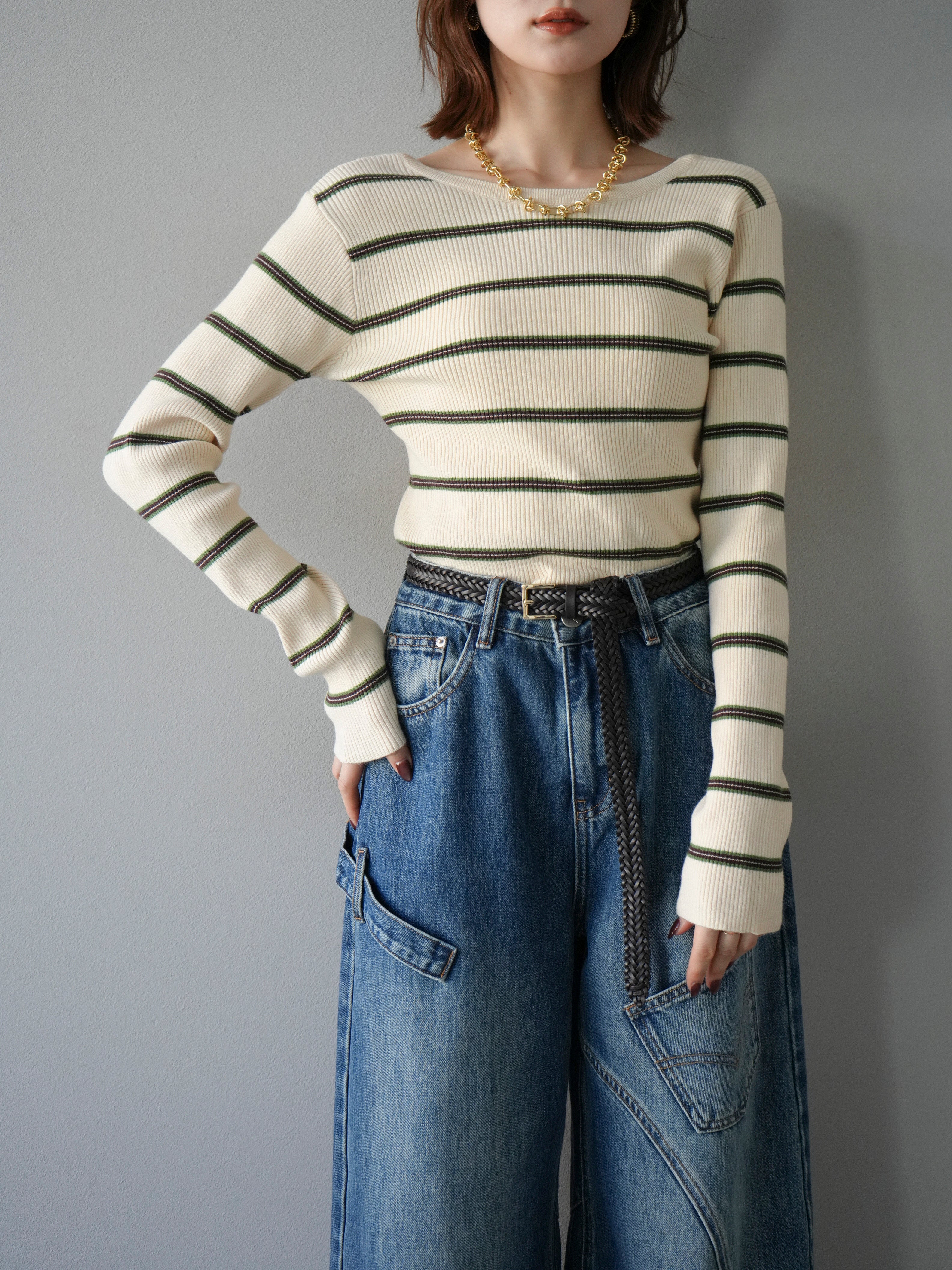 SET]バックオープンボーダーテレコリブトップス+ペインターカーブ