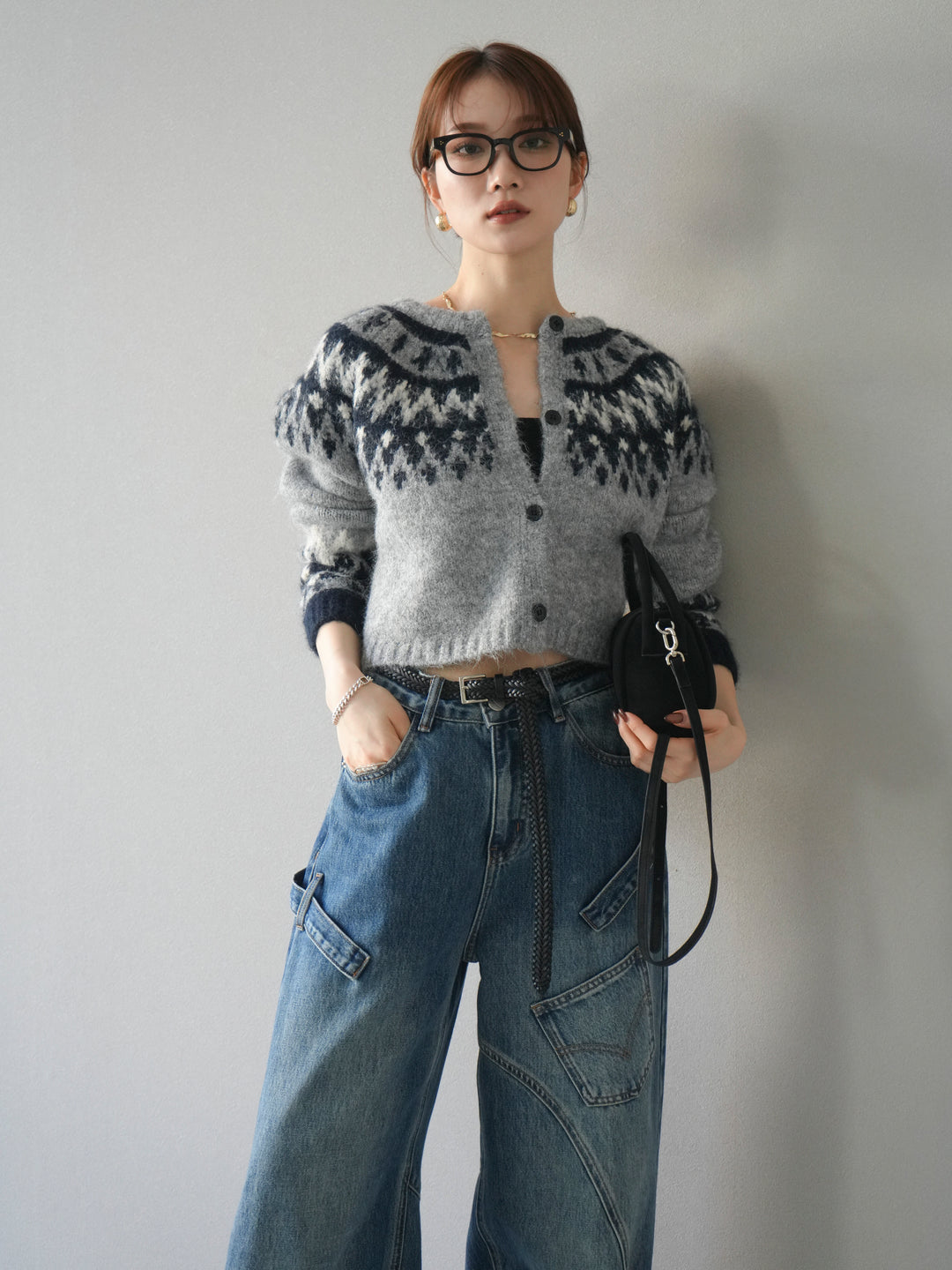 [SET]求心柄クロップドニットカーディガン+ペインターカーブデニムパンツ(2set)