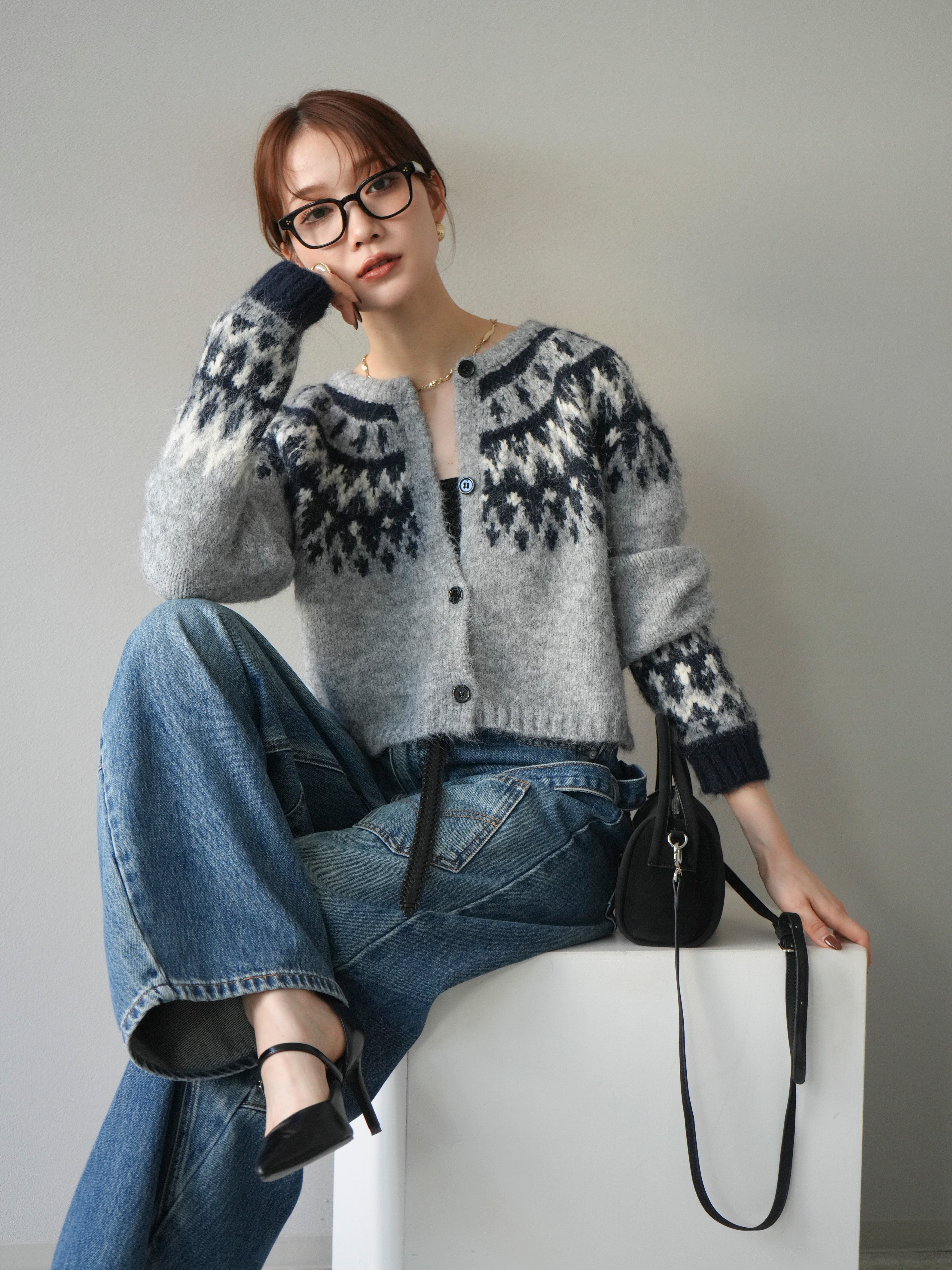 予約]求心柄クロップドニットカーディガン/gray – Lumier