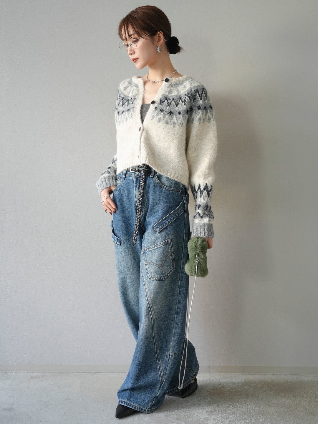 [SET]求心柄クロップドニットカーディガン+ペインターカーブデニムパンツ(2set)