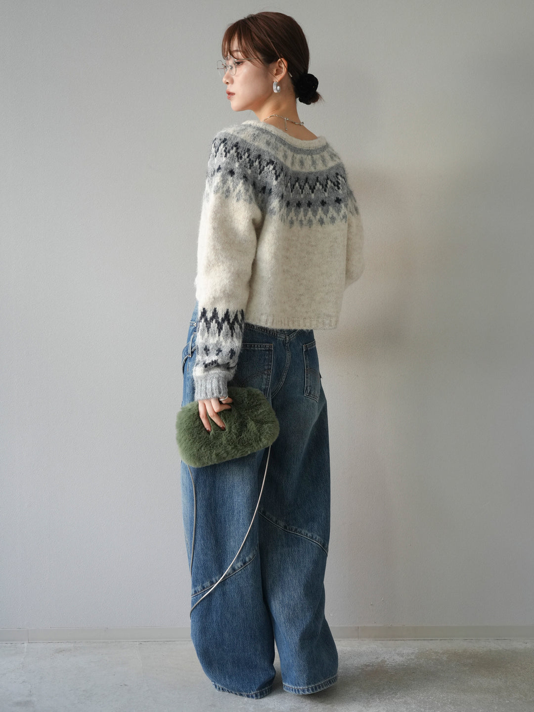 [SET]求心柄クロップドニットカーディガン+ペインターカーブデニムパンツ(2set)