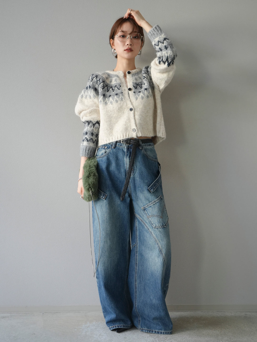 [SET]求心柄クロップドニットカーディガン+ペインターカーブデニムパンツ(2set)