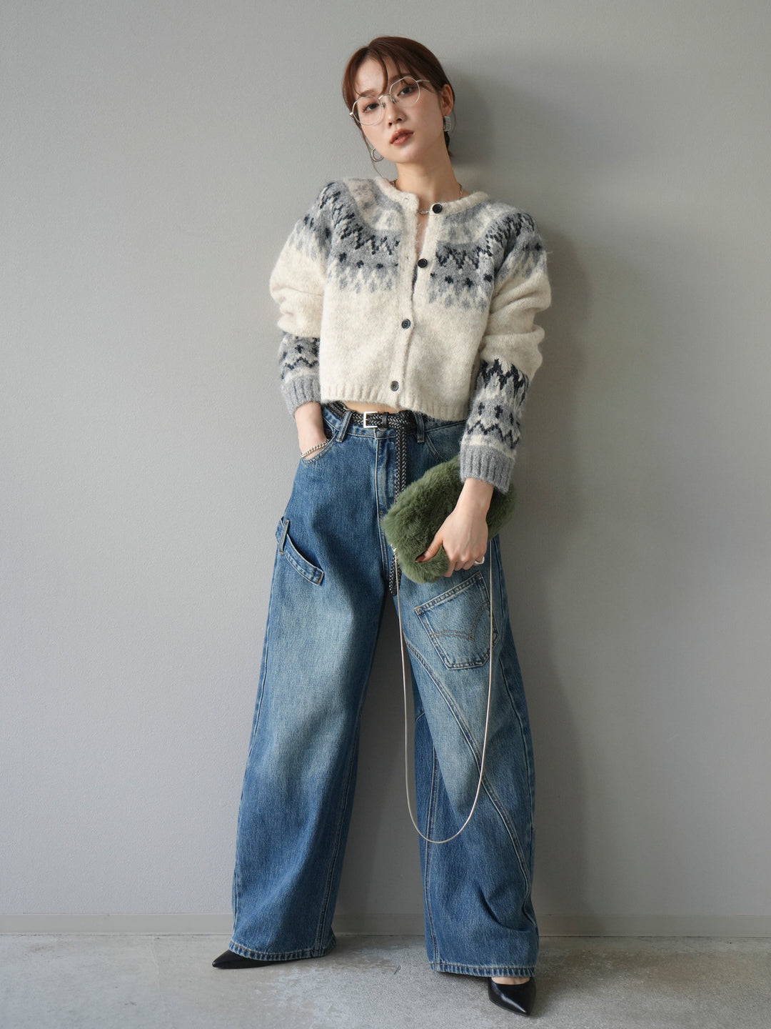 [SET]求心柄クロップドニットカーディガン+ペインターカーブデニムパンツ(2set)