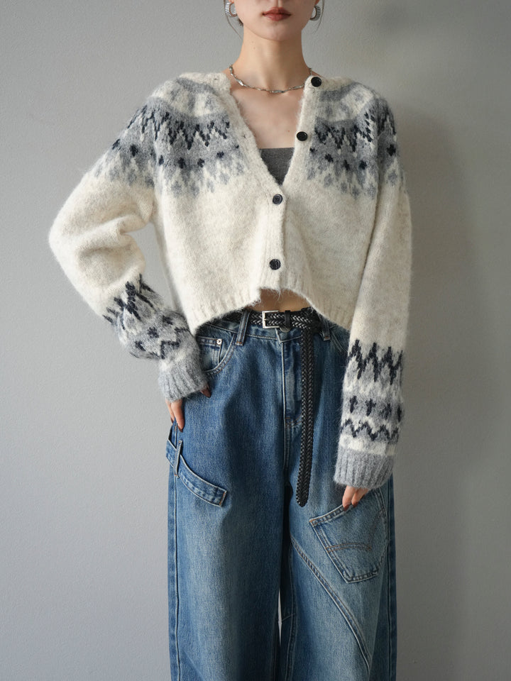 [SET]求心柄クロップドニットカーディガン+ペインターカーブデニムパンツ(2set)