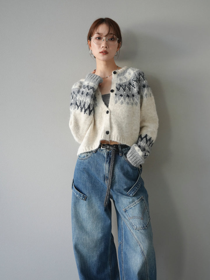 [SET]求心柄クロップドニットカーディガン+ペインターカーブデニムパンツ(2set)