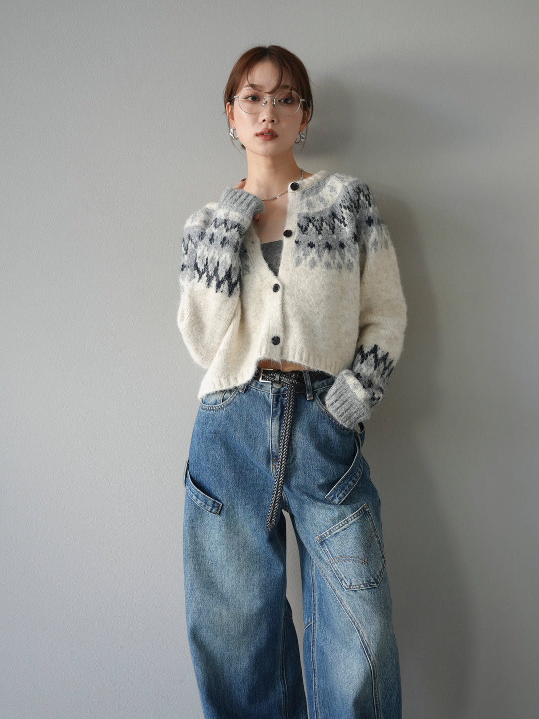 [予約]求心柄クロップドニットカーディガン/ivory