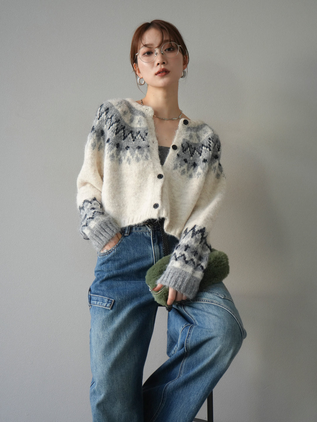 [SET]求心柄クロップドニットカーディガン+ペインターカーブデニムパンツ(2set)