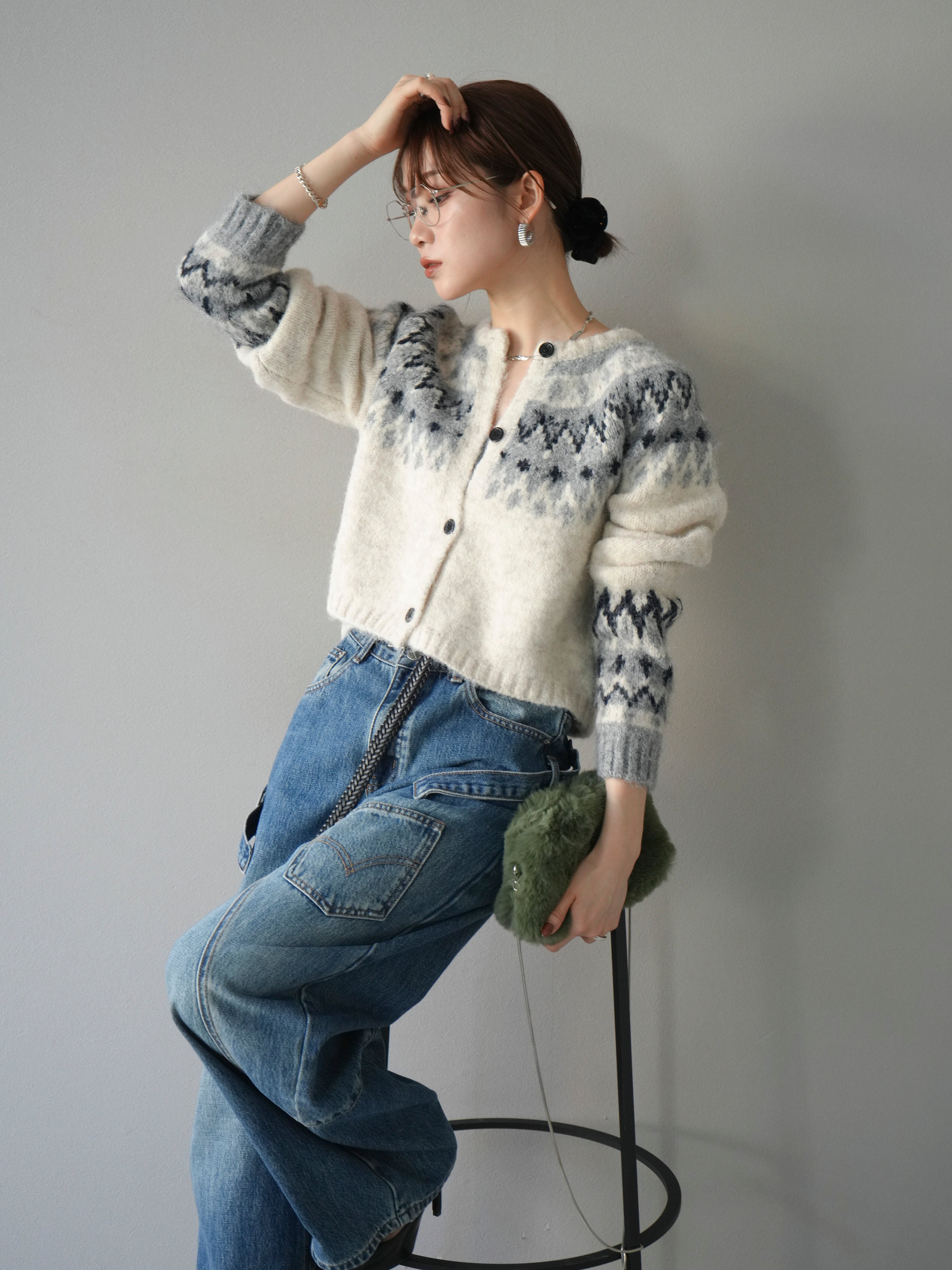 SET]求心柄クロップドニットカーディガン+選べるアクセセット(2set