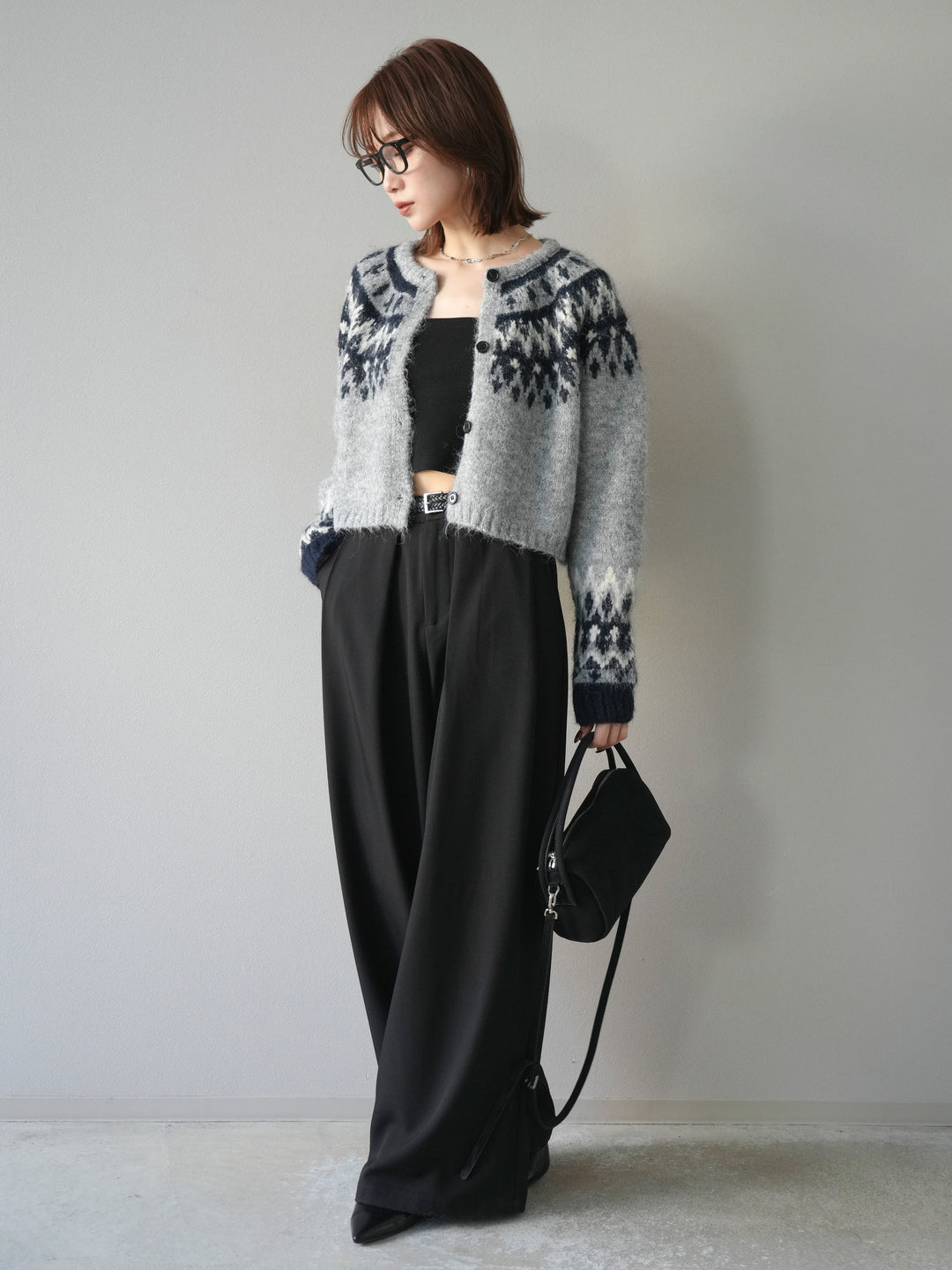 [SET]求心柄クロップドニットカーディガン+ベルトループデザインワイドパンツ(2set)