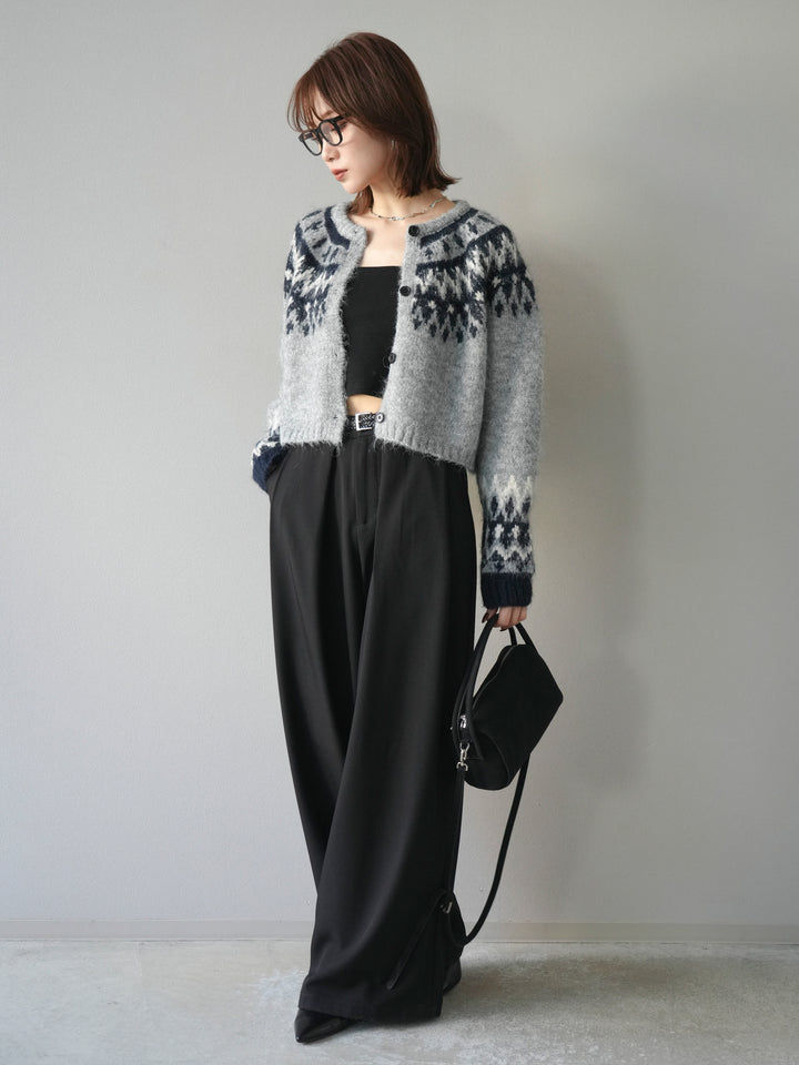 [SET]求心柄クロップドニットカーディガン+ベルトループデザインワイドパンツ(2set)