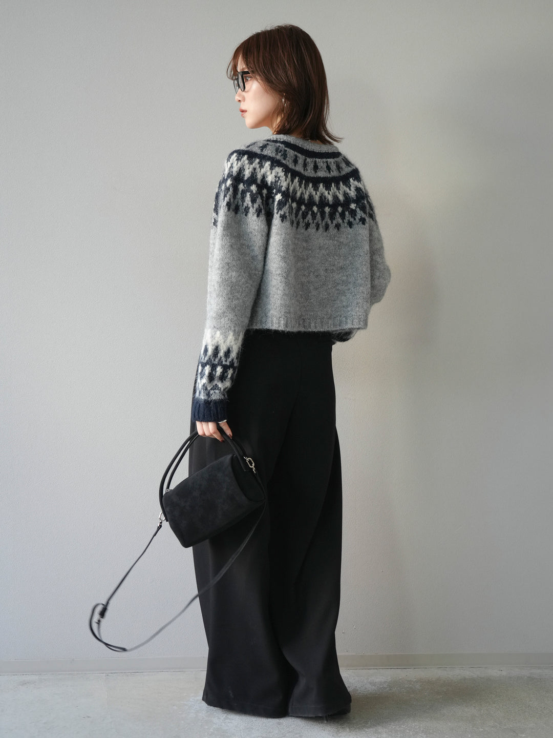 [SET]求心柄クロップドニットカーディガン+ベルトループデザインワイドパンツ(2set)