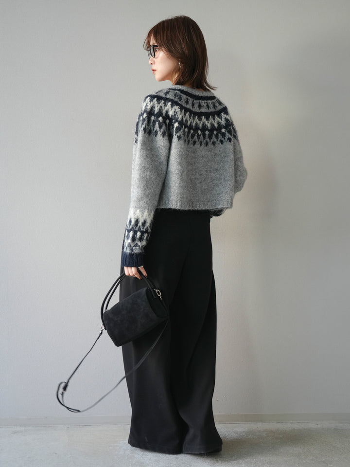 [SET]求心柄クロップドニットカーディガン+ベルトループデザインワイドパンツ(2set)