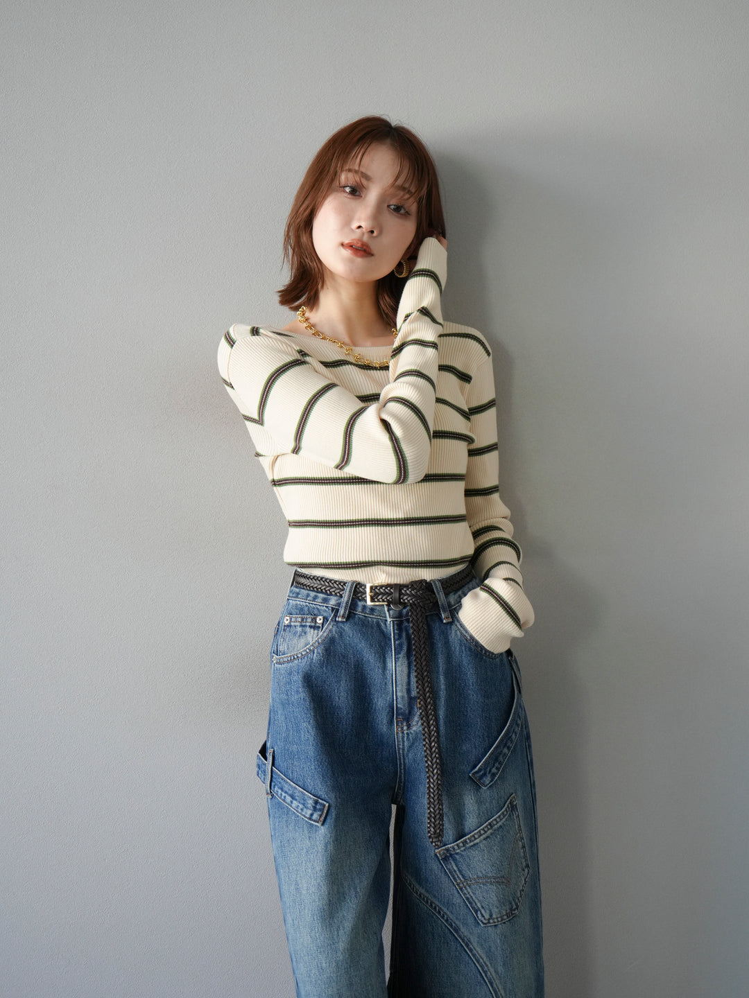 【SET】後開條紋毛圈羅紋上衣+畫家曲線牛仔褲（2件組）