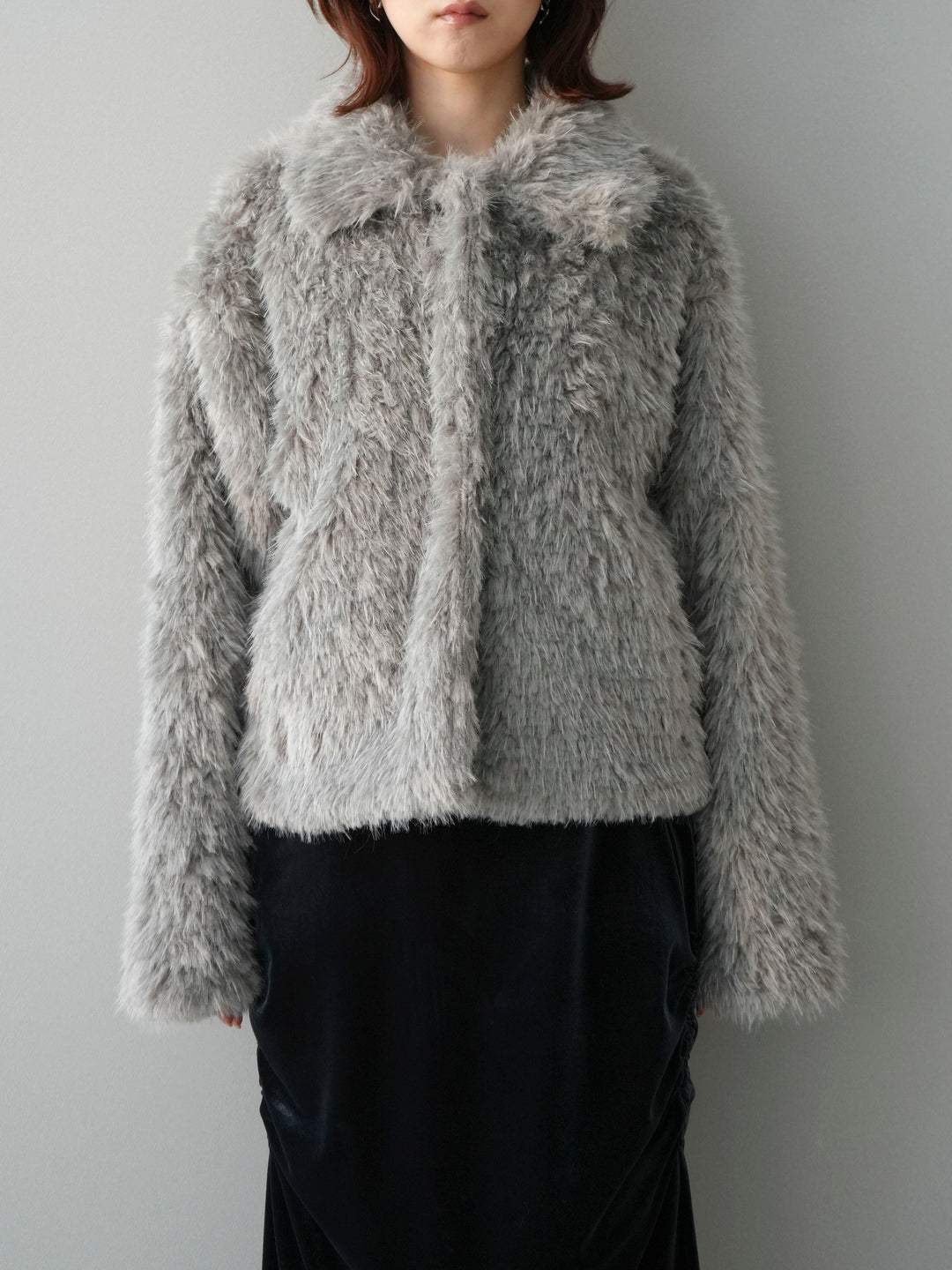[予約]フェイクファー襟付きショートブルゾン/gray