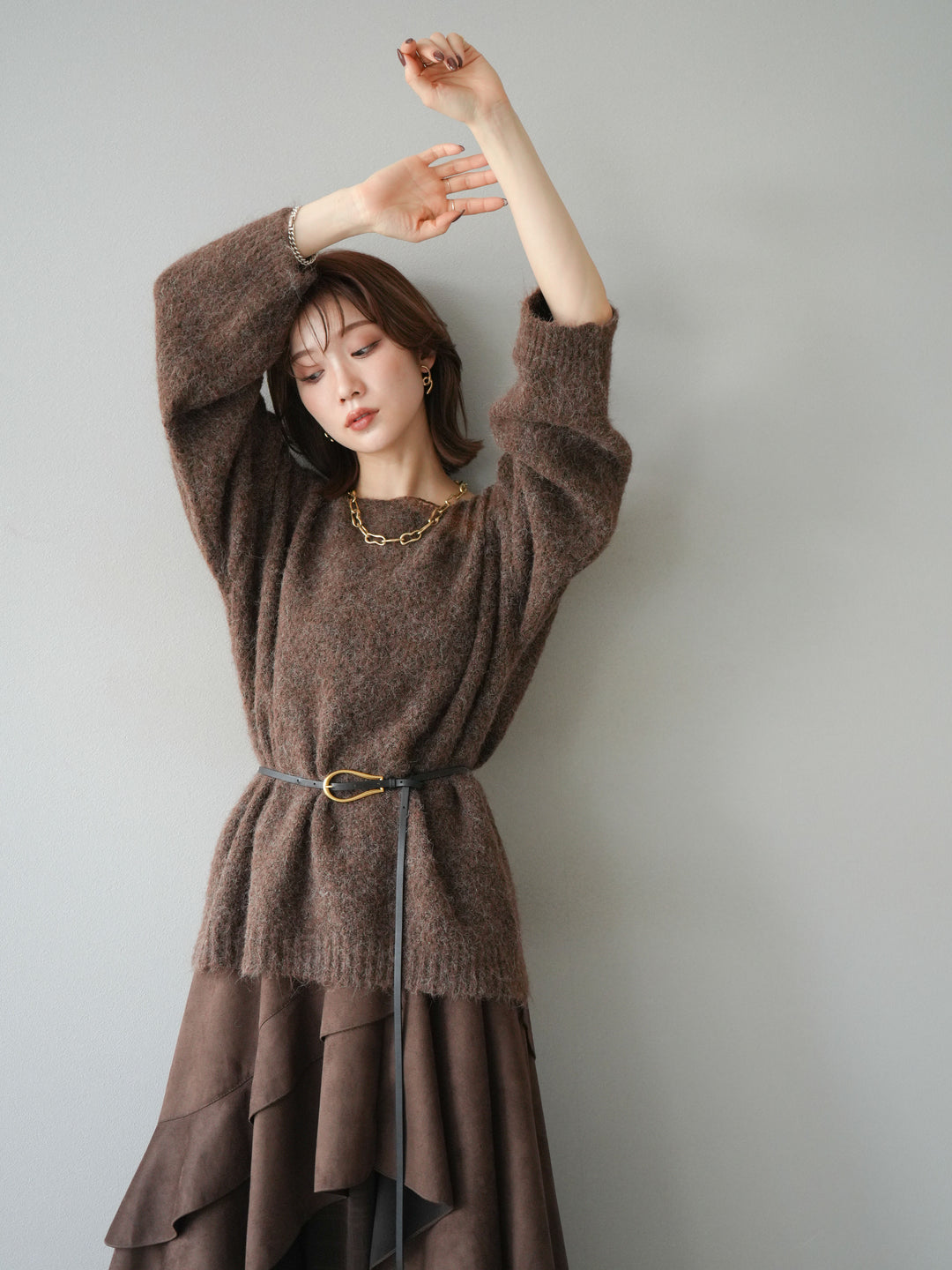 [SET]ネック透かし編みニットプルオーバー+選べるアクセセット(2set)