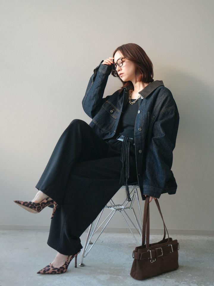 [SET]裏地ファーデニムフライトジャケット+編み込みベルト付きウエスト配色スエットパンツ(2set)