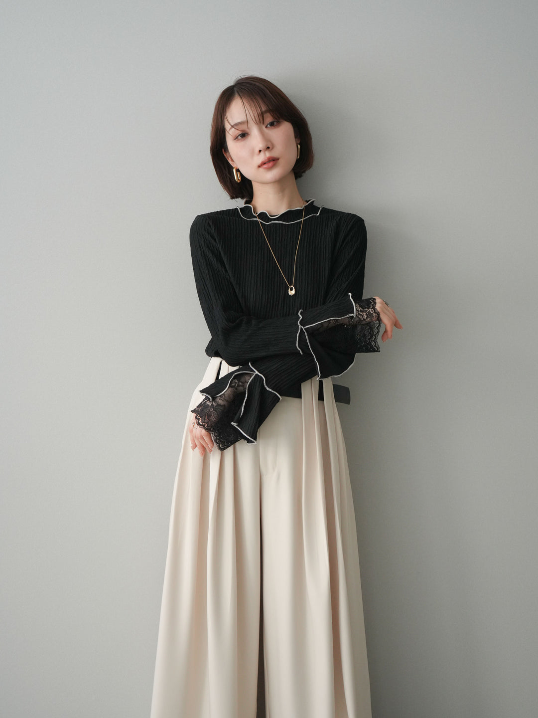 [予約]袖レース楊柳メロートップス/black