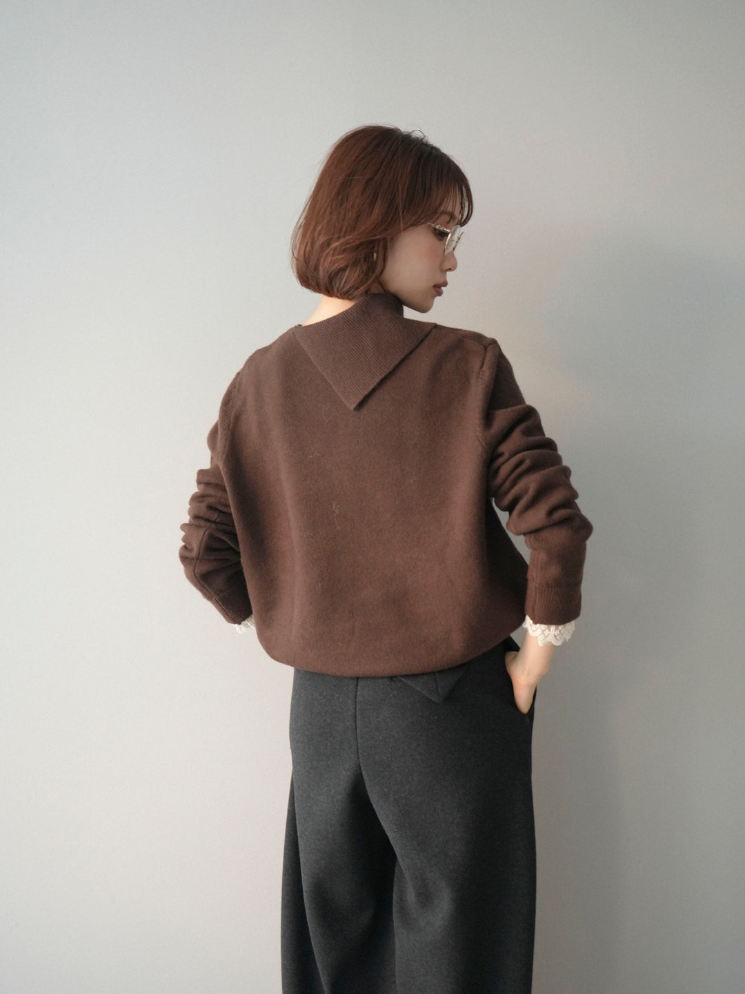 [SET]袖レースパール付き配色ニットトップス+ウールタッチカーブパンツ(2set)