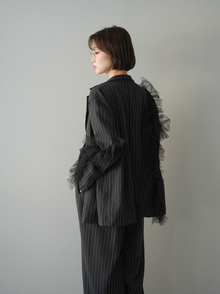 [予約]アシンメトリーチュールストライプジャケット/black
