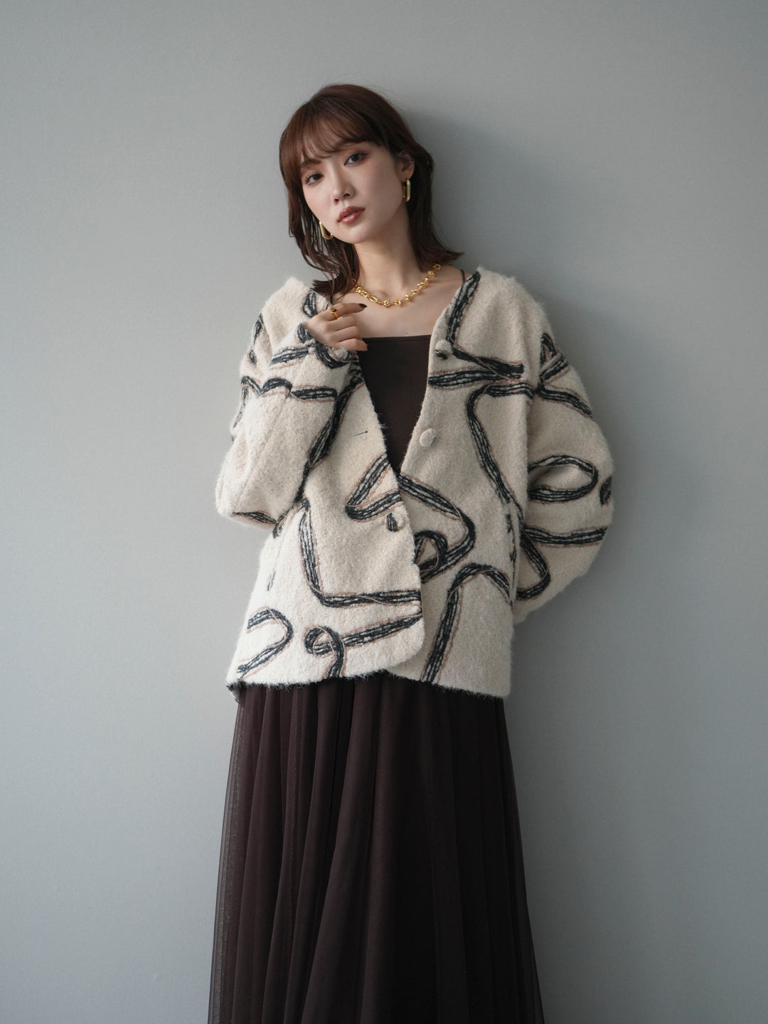 [予約]ニュアンス刺繍ブークレニットジャケット/white