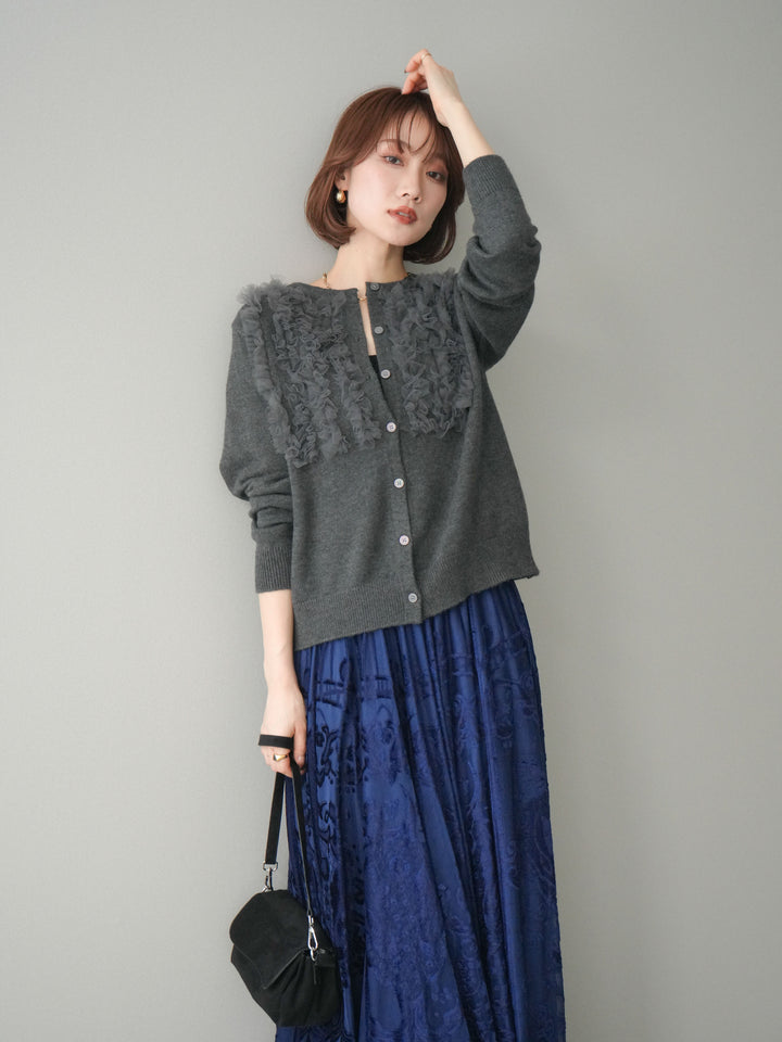 [SET]チュールフリルニットカーディガン+アンティーク柄フロッキーマキシスカート(2set)