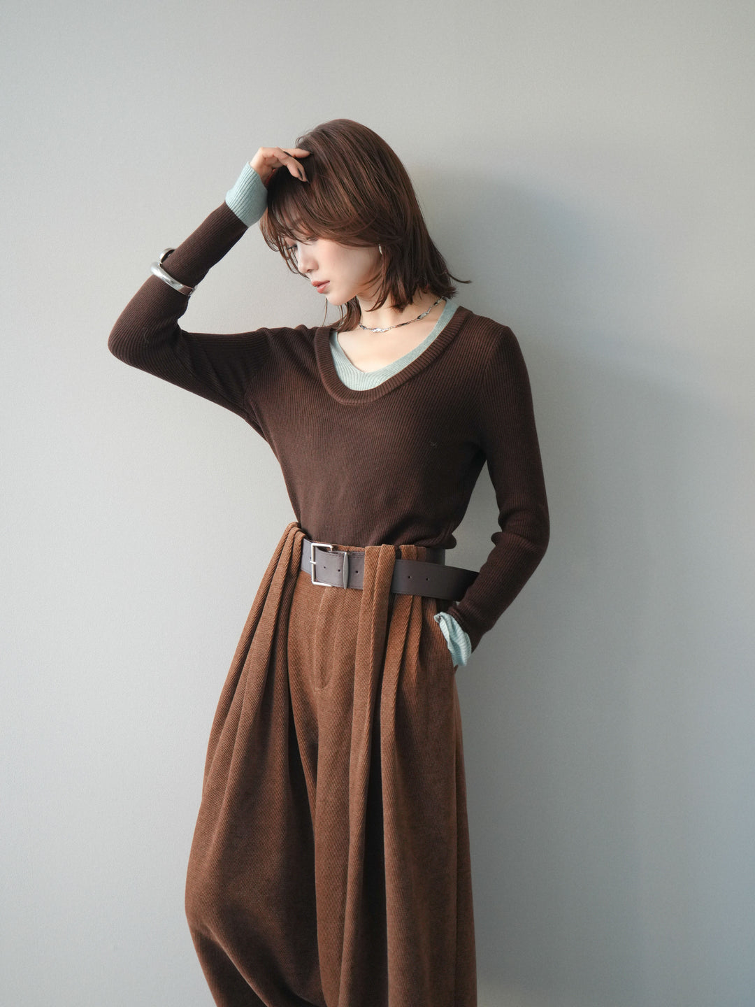 [予約]Uネック配色レイヤードリブニットトップス/brown