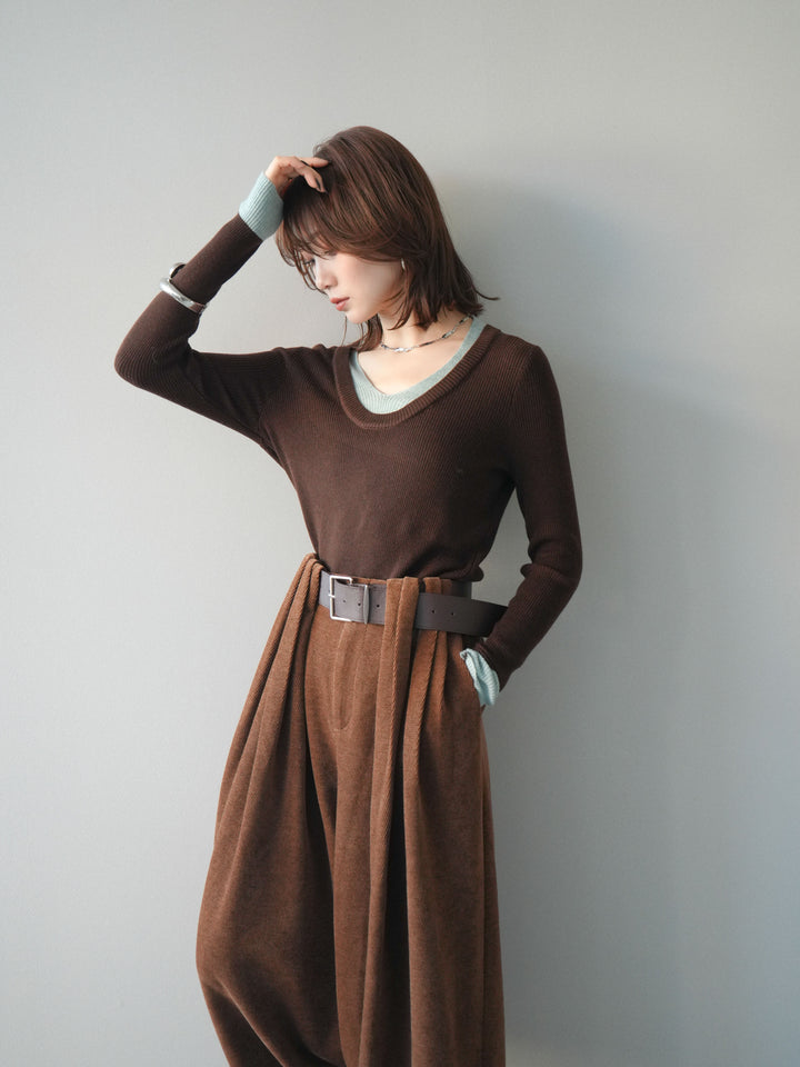 [予約]Uネック配色レイヤードリブニットトップス/brown