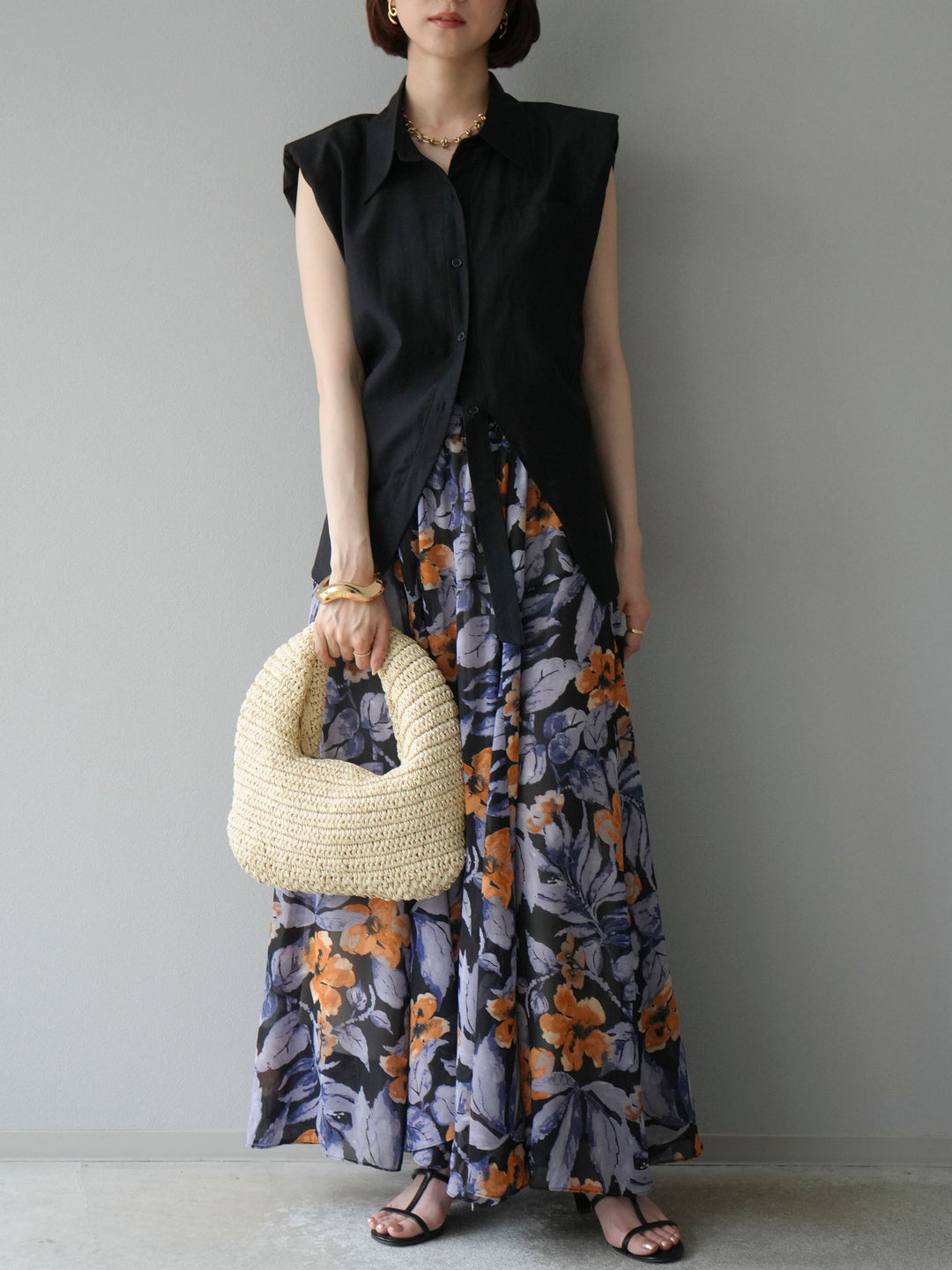 [予約]フラワープリントボリュームフレアスカート/ブラック