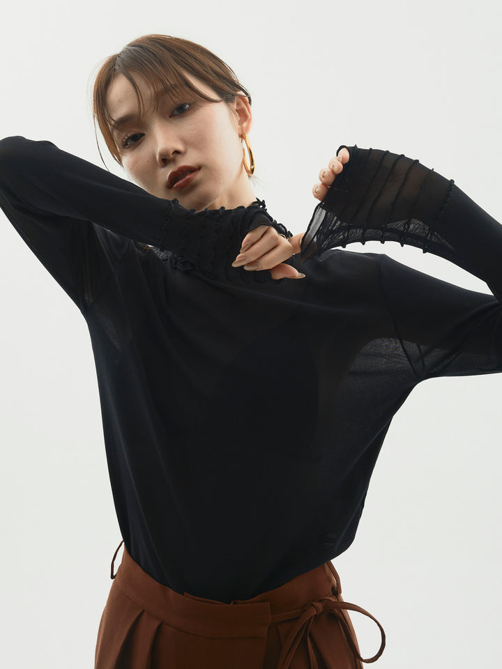 【Allure】[SET]シアーフリルメロートップス+ラップデザインタックワイドパンツ(2set)