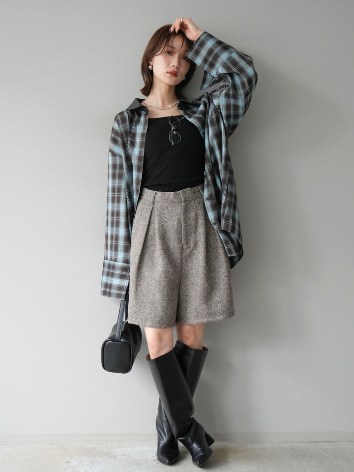 [予約]レザー襟オンブレチェックオーバーシャツ /ブルー