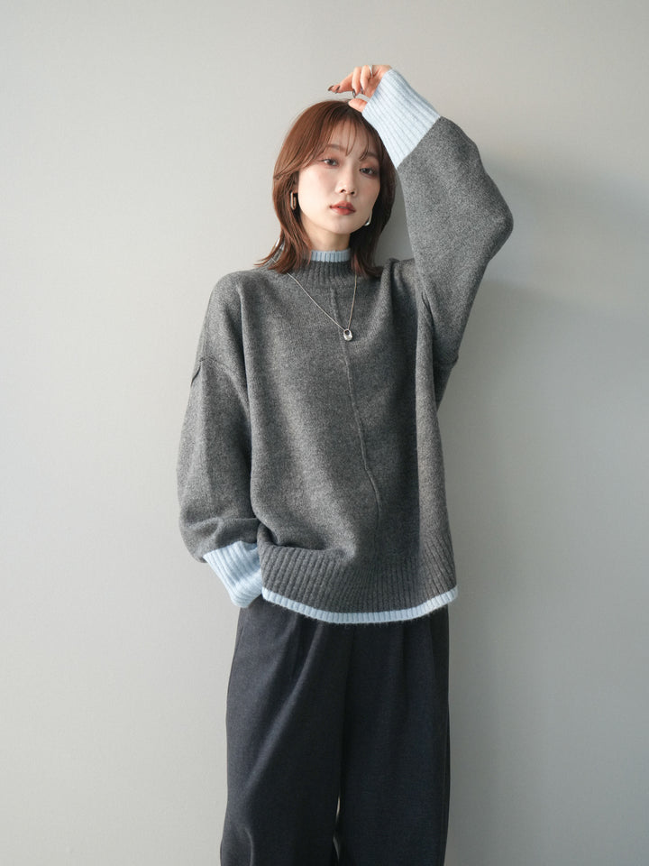 [SET]配色ハイネックニットプルオーバー+アニマル柄ベルト付きウールタッチワイドパンツ(2set)