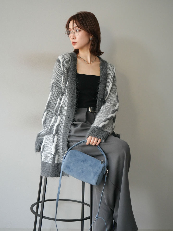 [SET]バイカラー編み込みデザインニットカーディガン+ベルトループデザインワイドパンツ(2set)