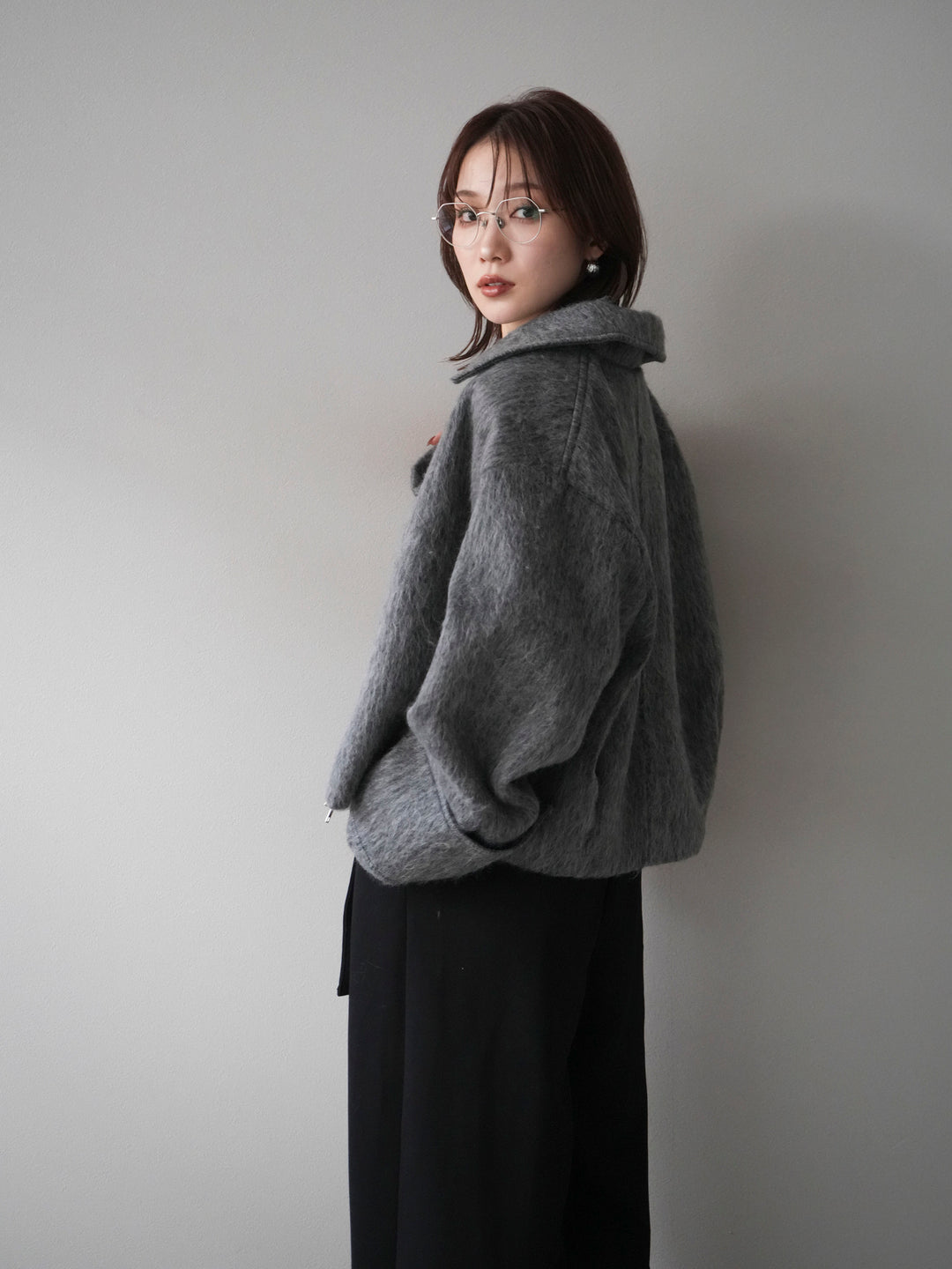 [予約]袖ビックループシャギージップブルゾン/charcoal