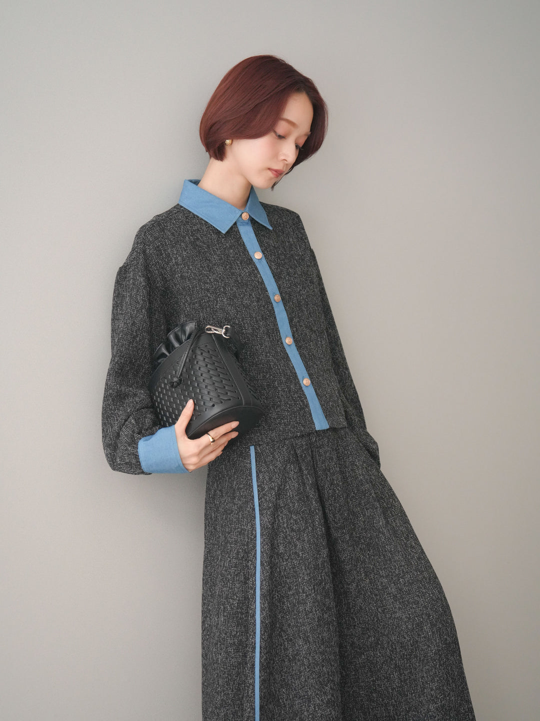 [SET]異素材サマーツイードシャツ+異素材サマーツイードタックフレアスカート(2set)