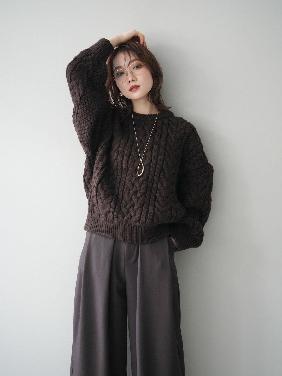 [予約]ボリュームケーブルニットプルオーバー/brown
